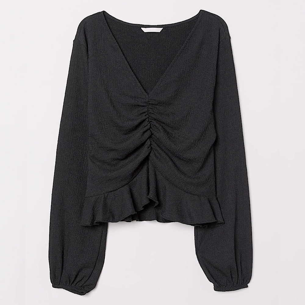 TOPSHOP Black Ruched Polyester Lightweight Bubble Sleeve Blouse